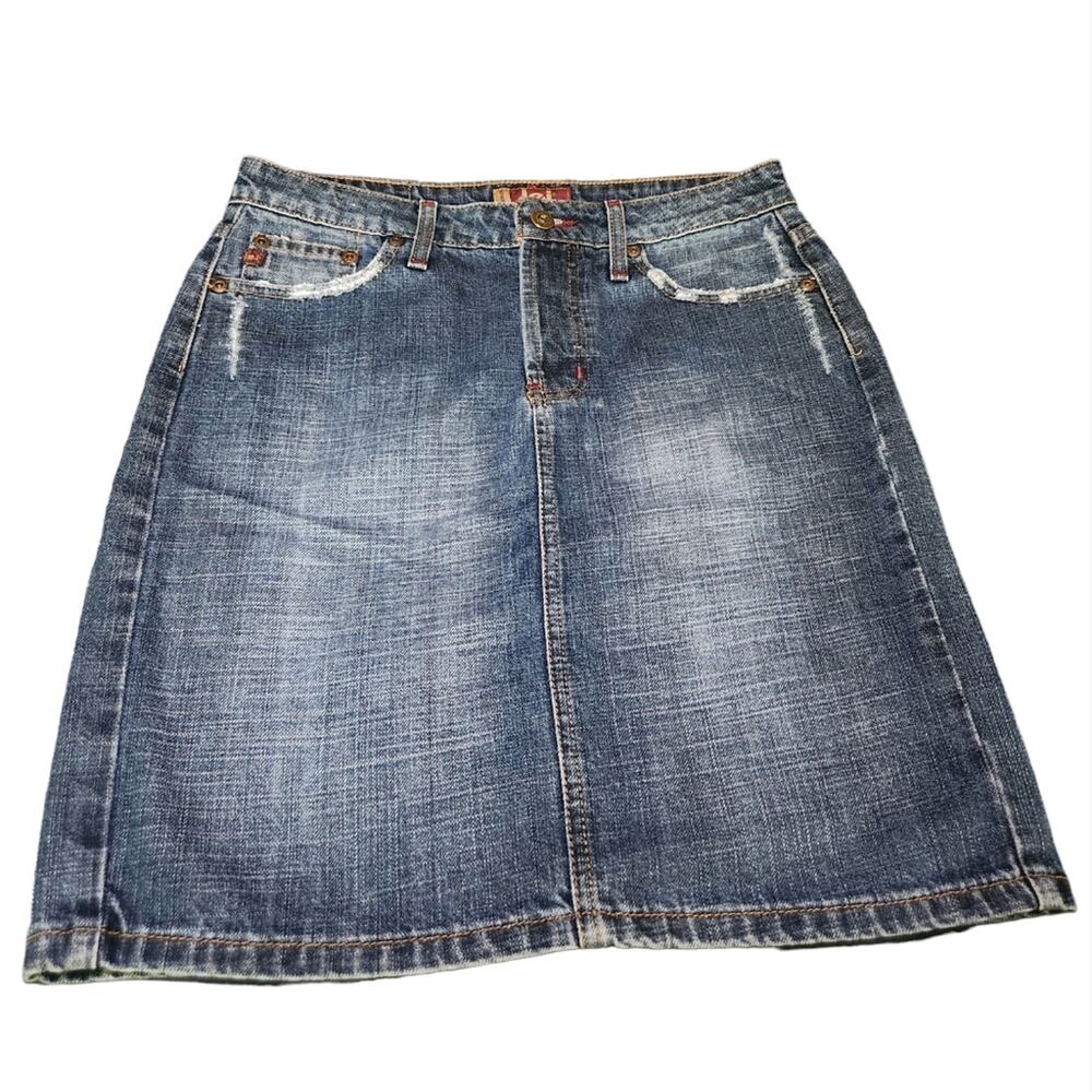 LEI Denim Skirt Y2K Blue A-Line Button‎ Fly Distressed Midi Women Size 3